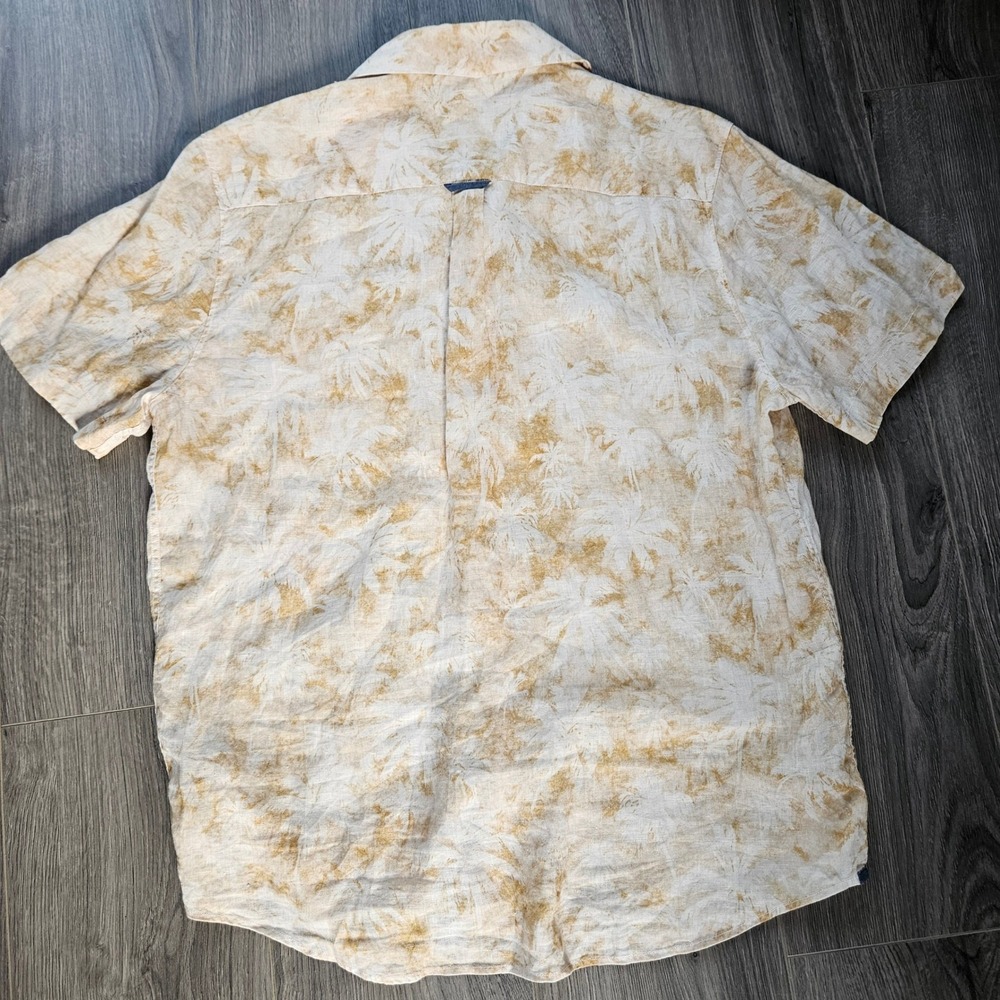 32 Bar Blues Mens Short Sleeve Linen Palm Print Button Down Shirt Tan Cream L - Picture 4 of 10